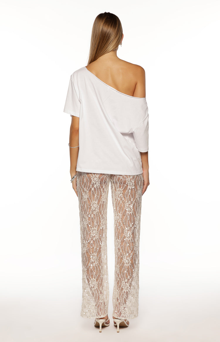 Dani White Sequin Lace Sheer Pants — 10