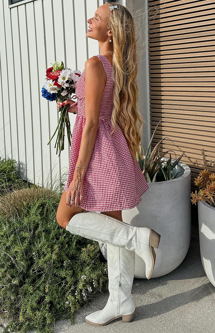 Saffron Red Gingham Tie Mini Dress — 4