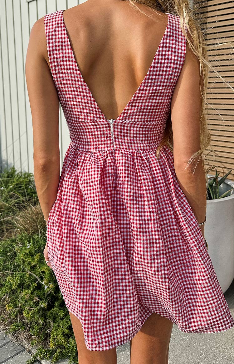Saffron Red Gingham Tie Mini Dress — 5