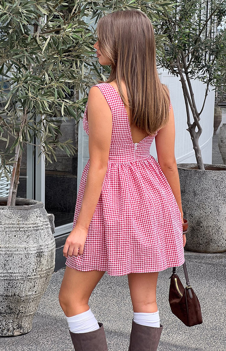 Saffron Red Gingham Tie Mini Dress — 12
