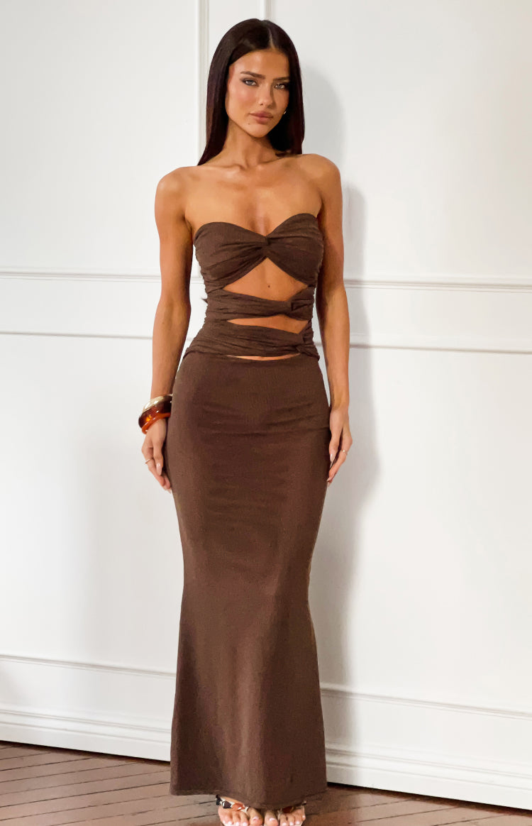 Junipa Chocolate Brown Strapless Cutout Maxi Dress — 1
