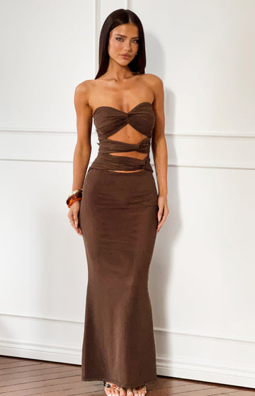 Junipa Chocolate Brown Strapless Cutout Maxi Dress — 1