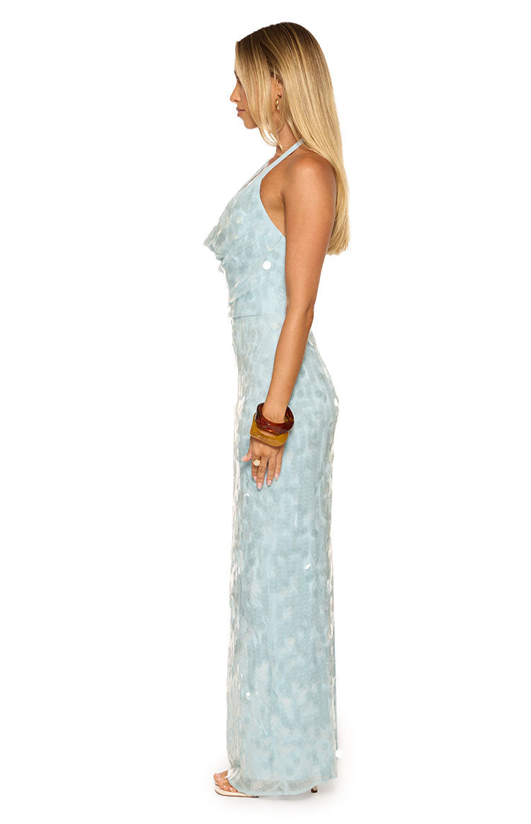 Baron Light Blue Sequin Cowl Maxi Dress — 5