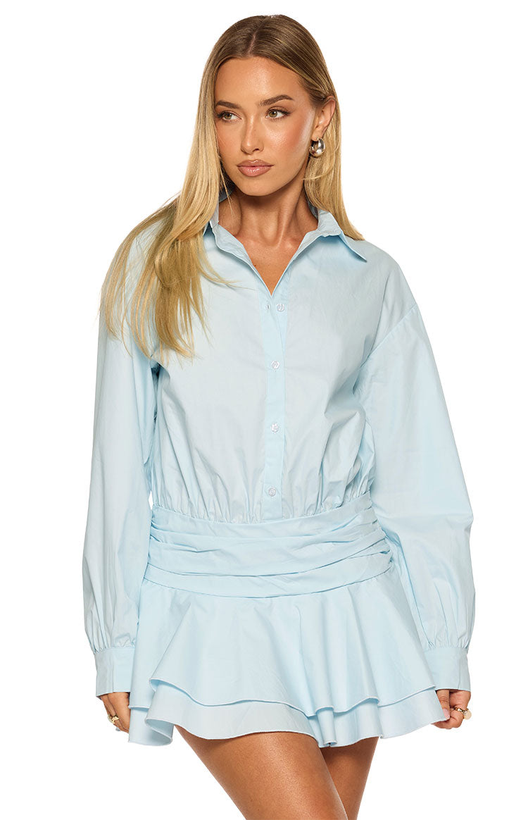 Nicolaini Light Blue Long Sleeve Mini Shirt Dress — 2