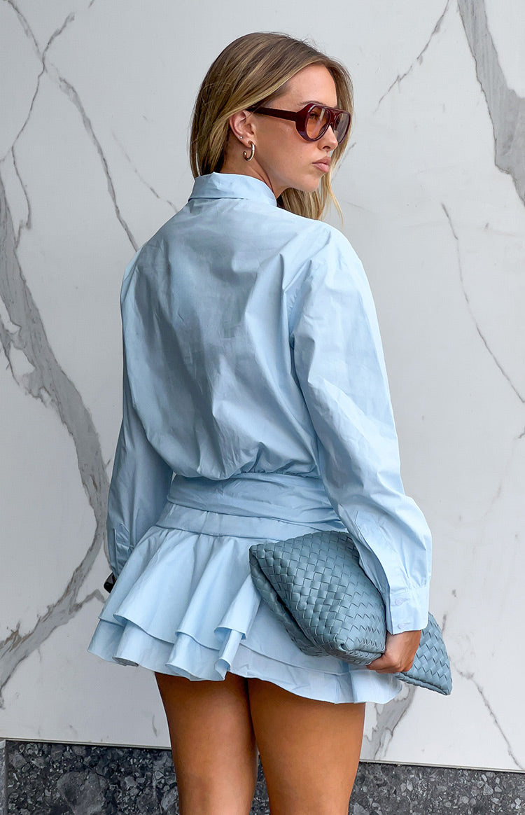 Nicolaini Light Blue Long Sleeve Mini Shirt Dress — 4