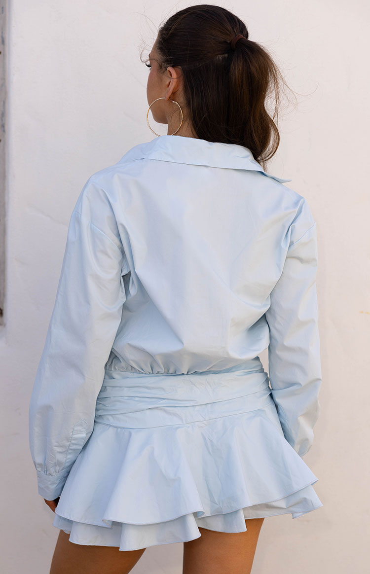 Nicolaini Light Blue Long Sleeve Mini Shirt Dress — 11
