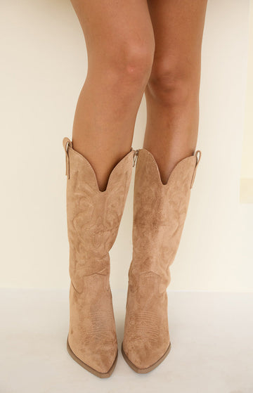 Kelly Camel Suedette Cowboy Boots — 1