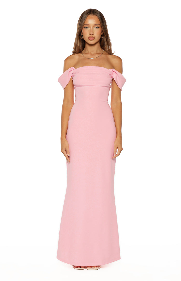 Ella Pink Off Shoulder Crepe Formal Maxi Dress — 1
