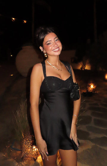 Jazzy Black Contrast Rhinestone Mini Dress — 1