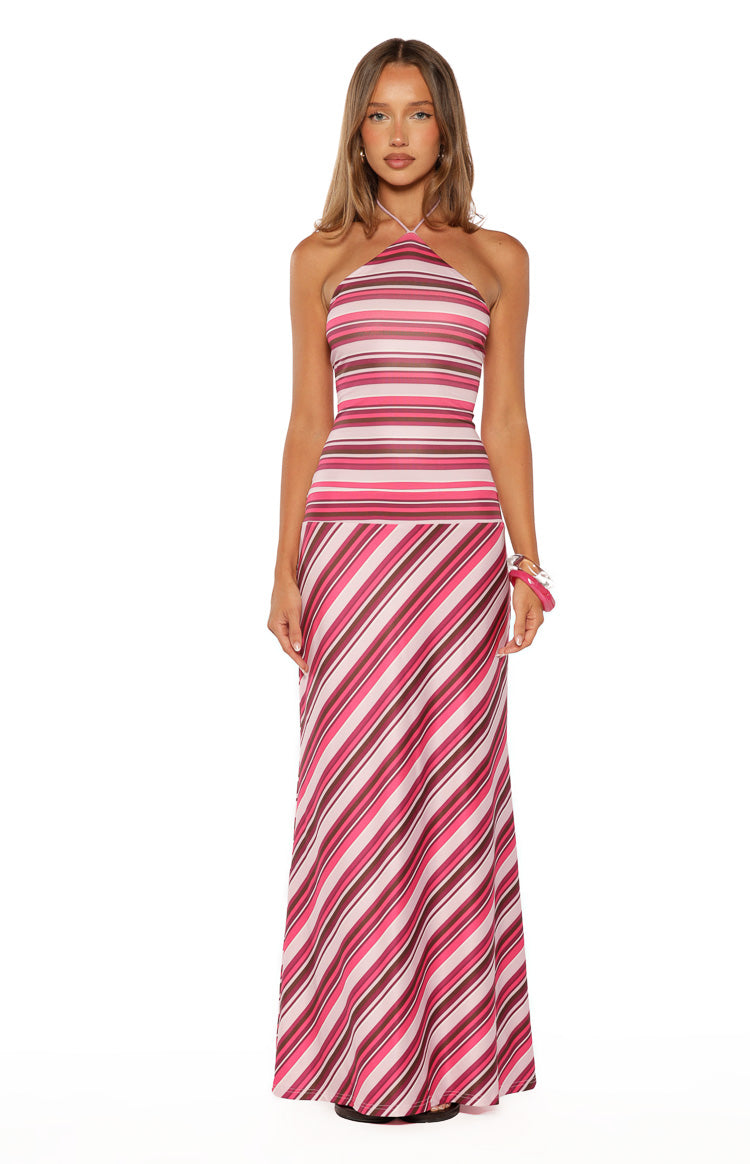 Nicoby Pink Multi Stripe Halter Maxi Dress — 5