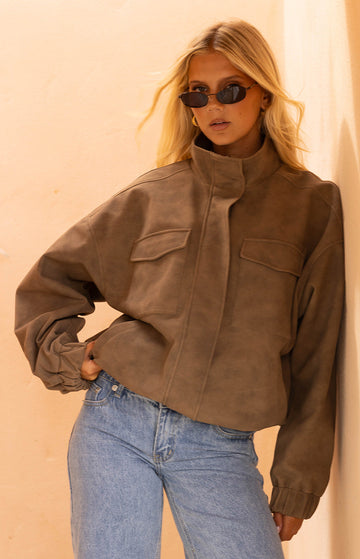 Sapna Brown Oversized Funnel Neck Suedette Jacket — 1