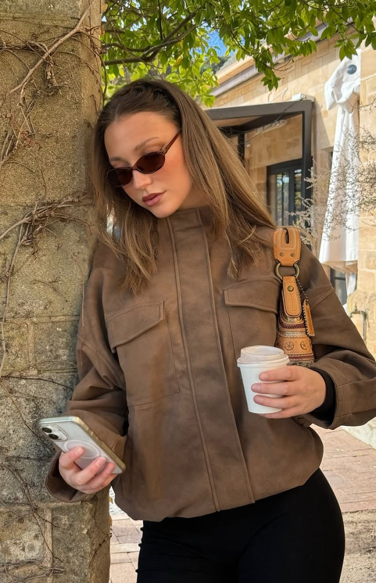 Sapna Brown Oversized Funnel Neck Suedette Jacket — 3