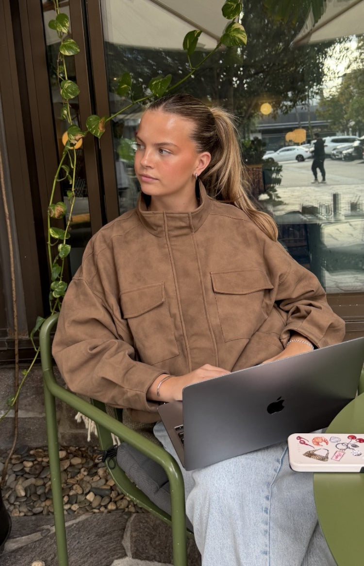 Sapna Brown Oversized Funnel Neck Suedette Jacket — 4