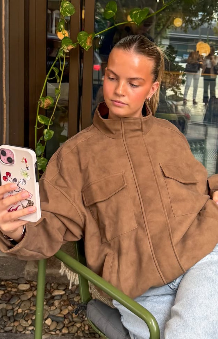 Sapna Brown Oversized Funnel Neck Suedette Jacket — 5
