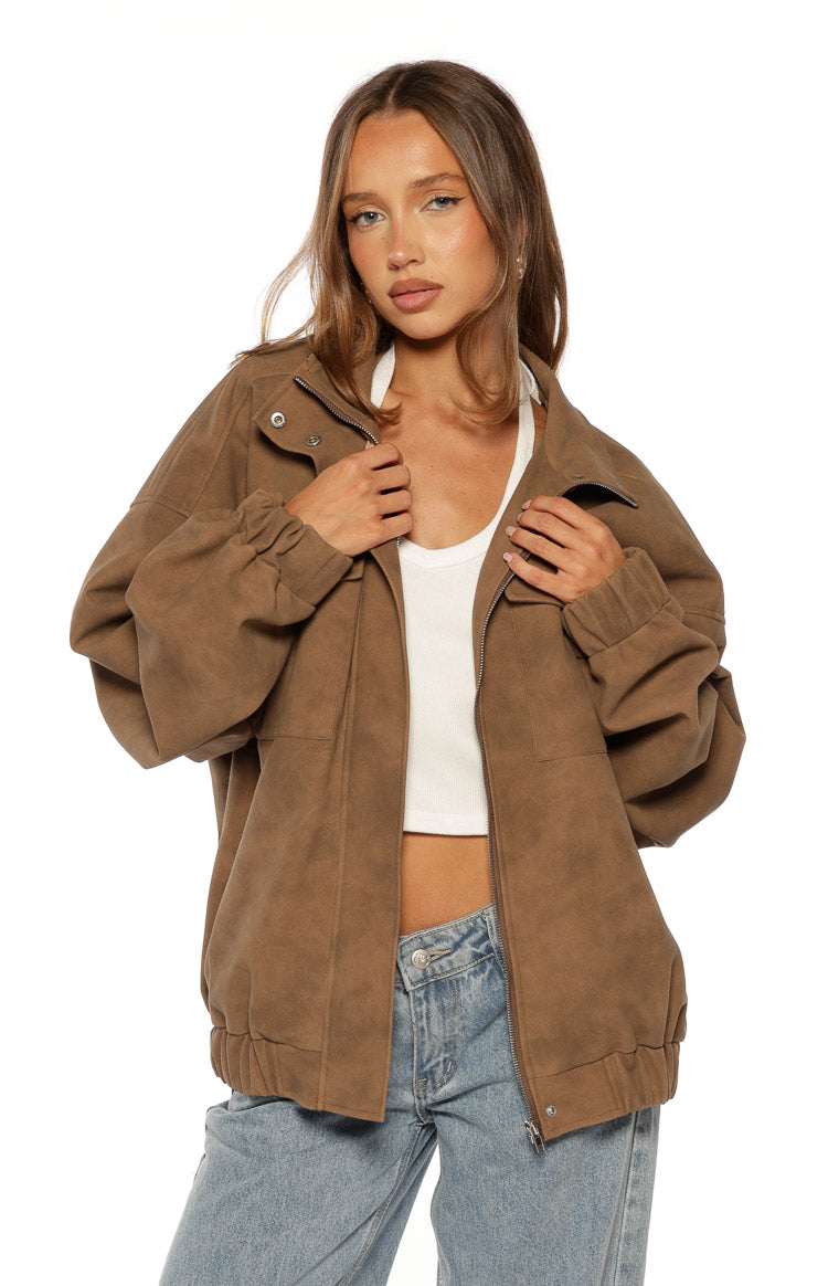 Sapna Brown Oversized Funnel Neck Suedette Jacket — 6