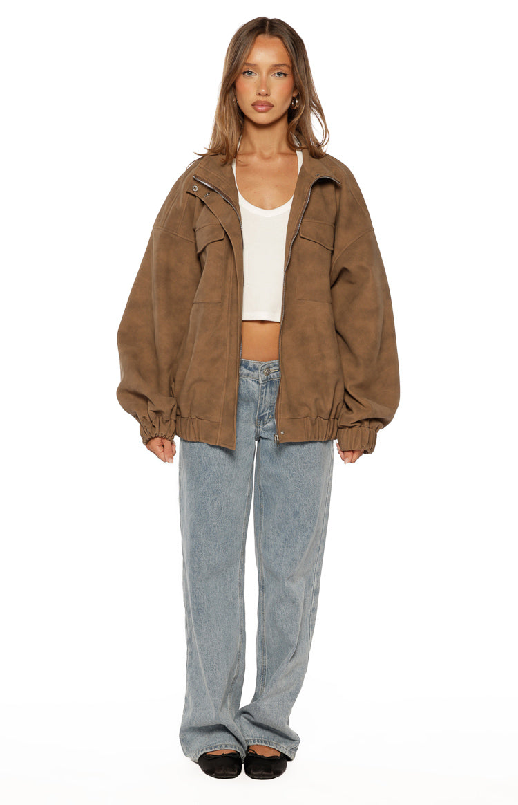 Sapna Brown Oversized Funnel Neck Suedette Jacket — 10