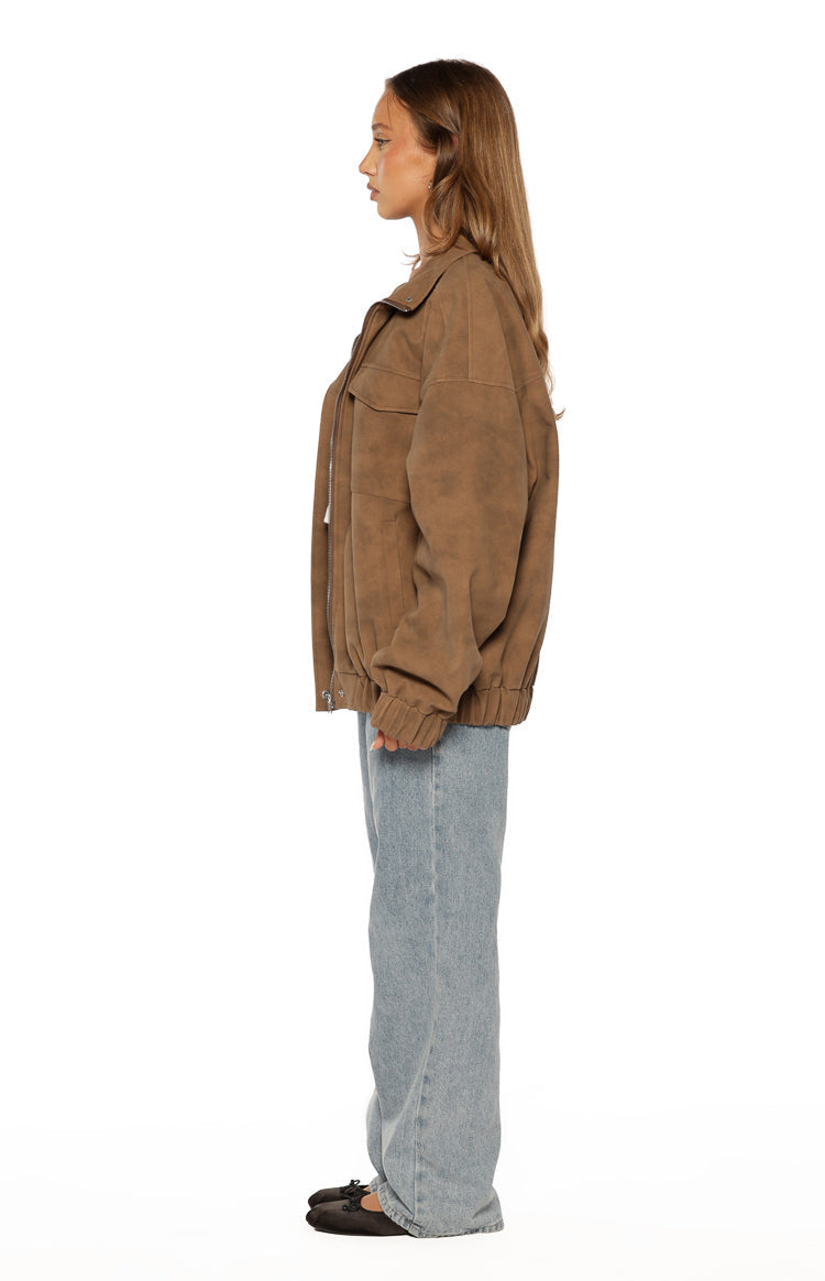 Sapna Brown Oversized Funnel Neck Suedette Jacket — 11
