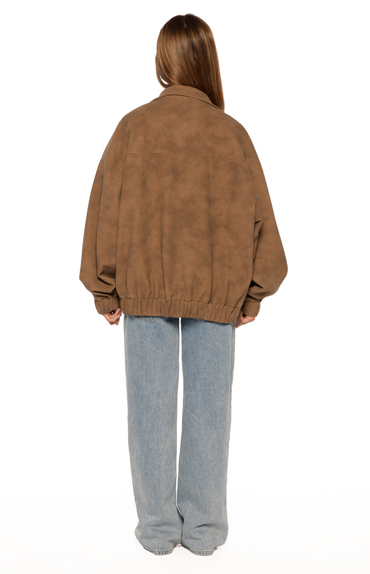 Sapna Brown Oversized Funnel Neck Suedette Jacket — 12