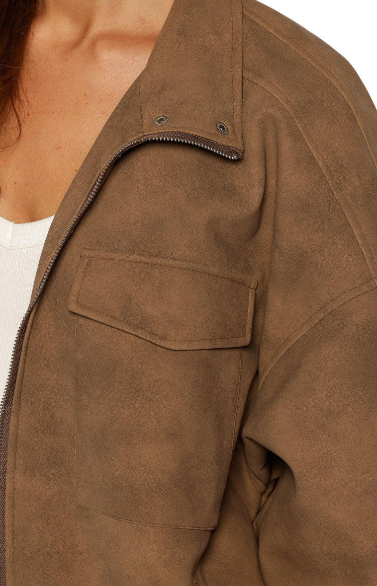 Sapna Brown Oversized Funnel Neck Suedette Jacket — 13