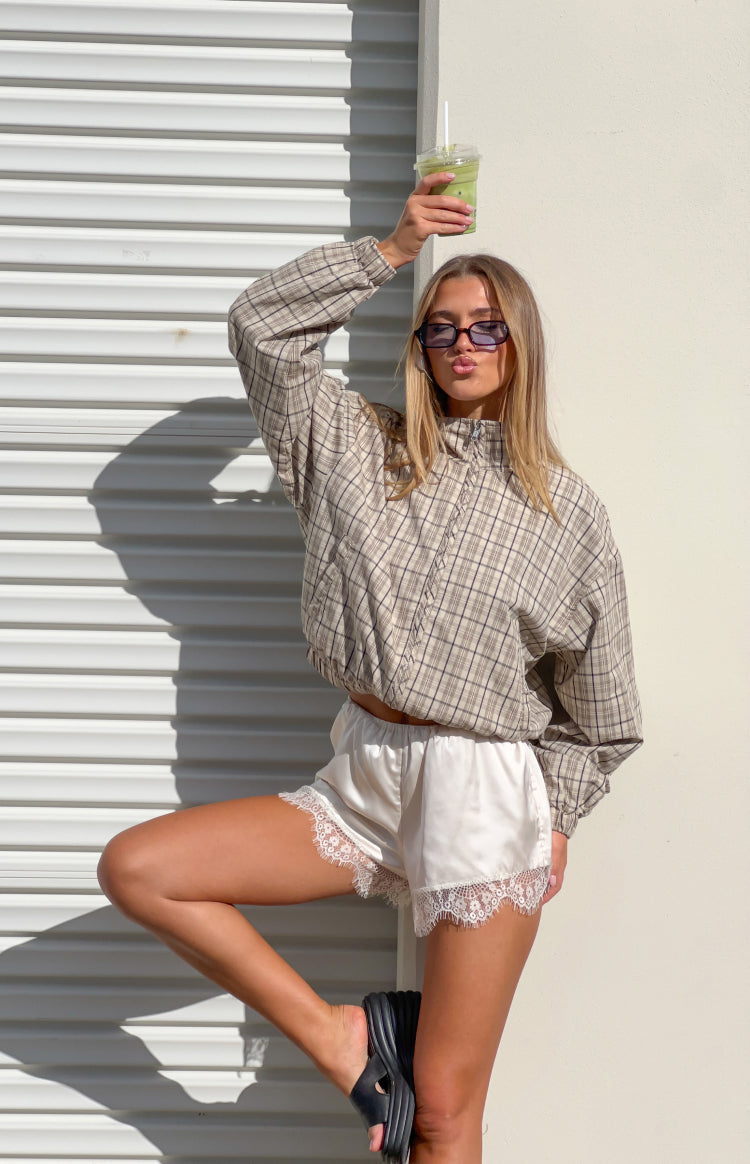 Lee Beige Plaid Funnel Neck Jacket — 1