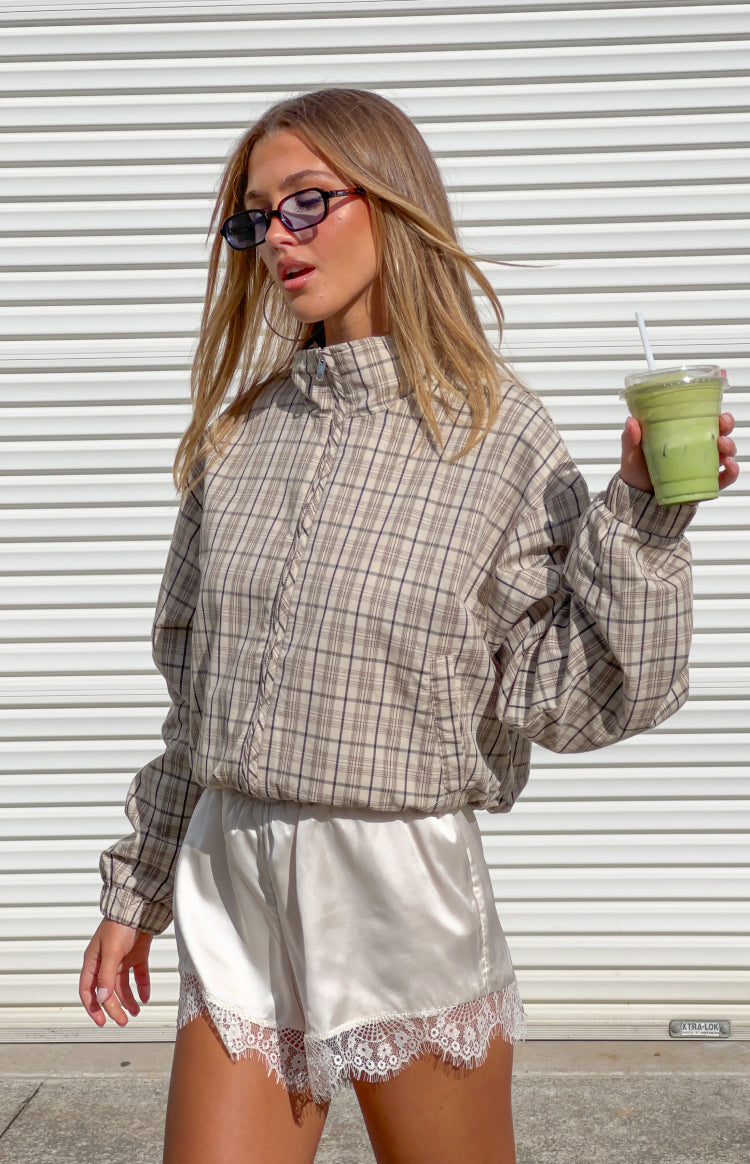 Lee Beige Plaid Funnel Neck Jacket — 3