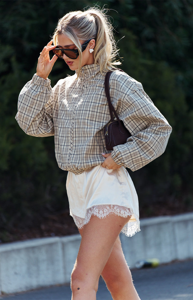 Lee Beige Plaid Funnel Neck Jacket — 12