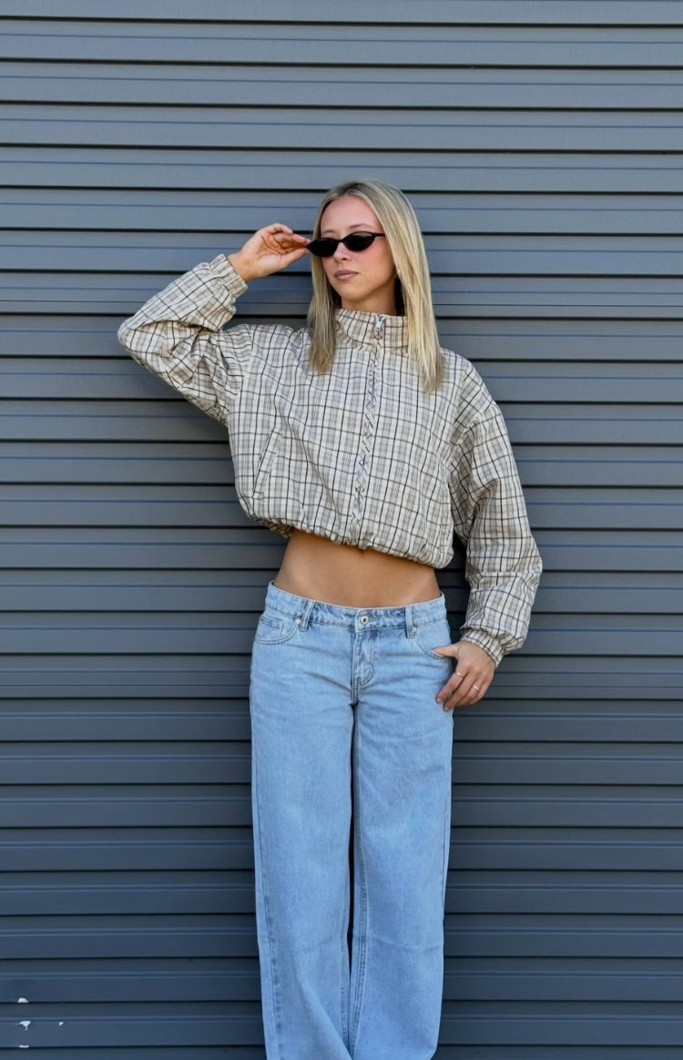 Lee Beige Plaid Funnel Neck Jacket — 18