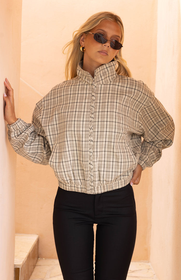 Lee Beige Plaid Funnel Neck Jacket — 19