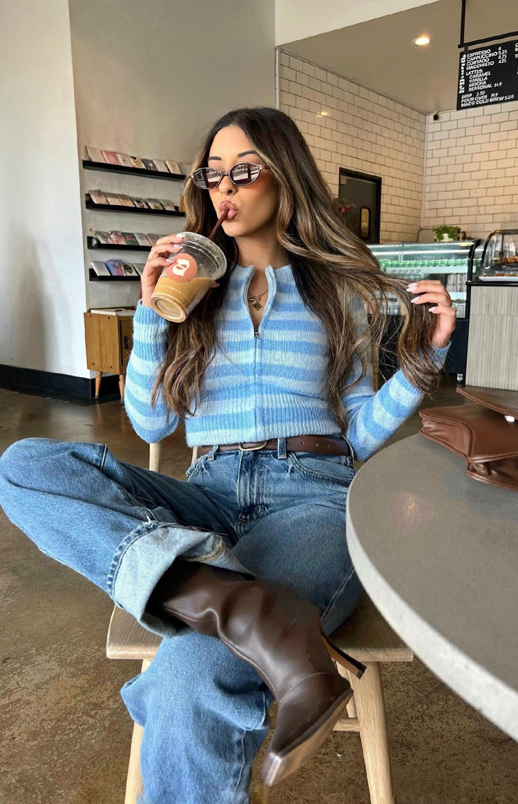 Dori Blue Zip Stripe Knit Sweater — 5