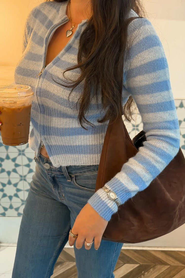 Dori Blue Zip Stripe Knit Sweater — 10