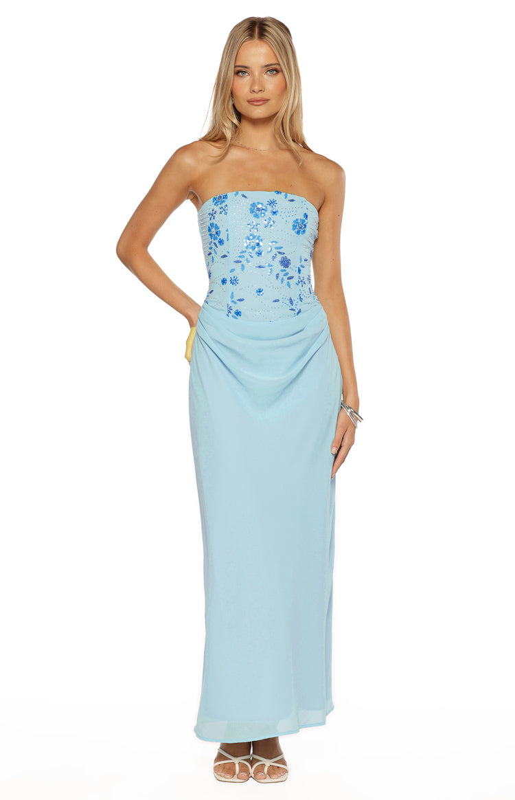 Serenity Blue Strapless Beaded Party Maxi Dress — 2