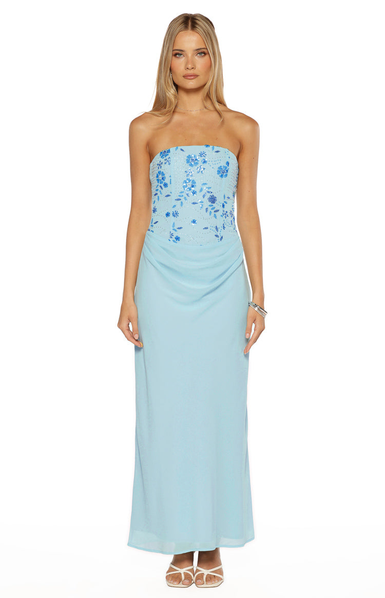 Serenity Blue Strapless Beaded Party Maxi Dress — 5