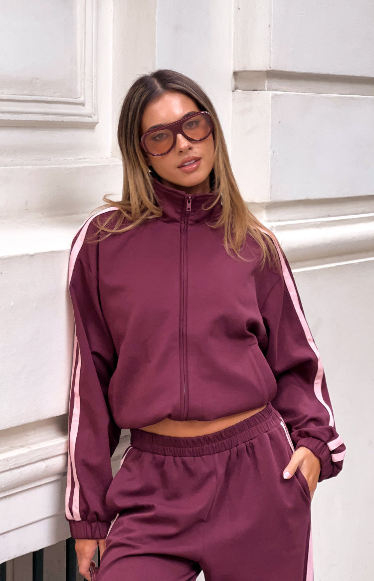 Kosie Burgundy and Pink Stripe Track Jacket — 1