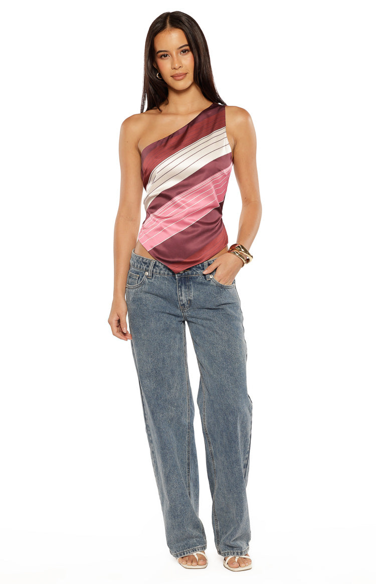 Kendall Pink Stripe Asymmetric Satin Top — 8