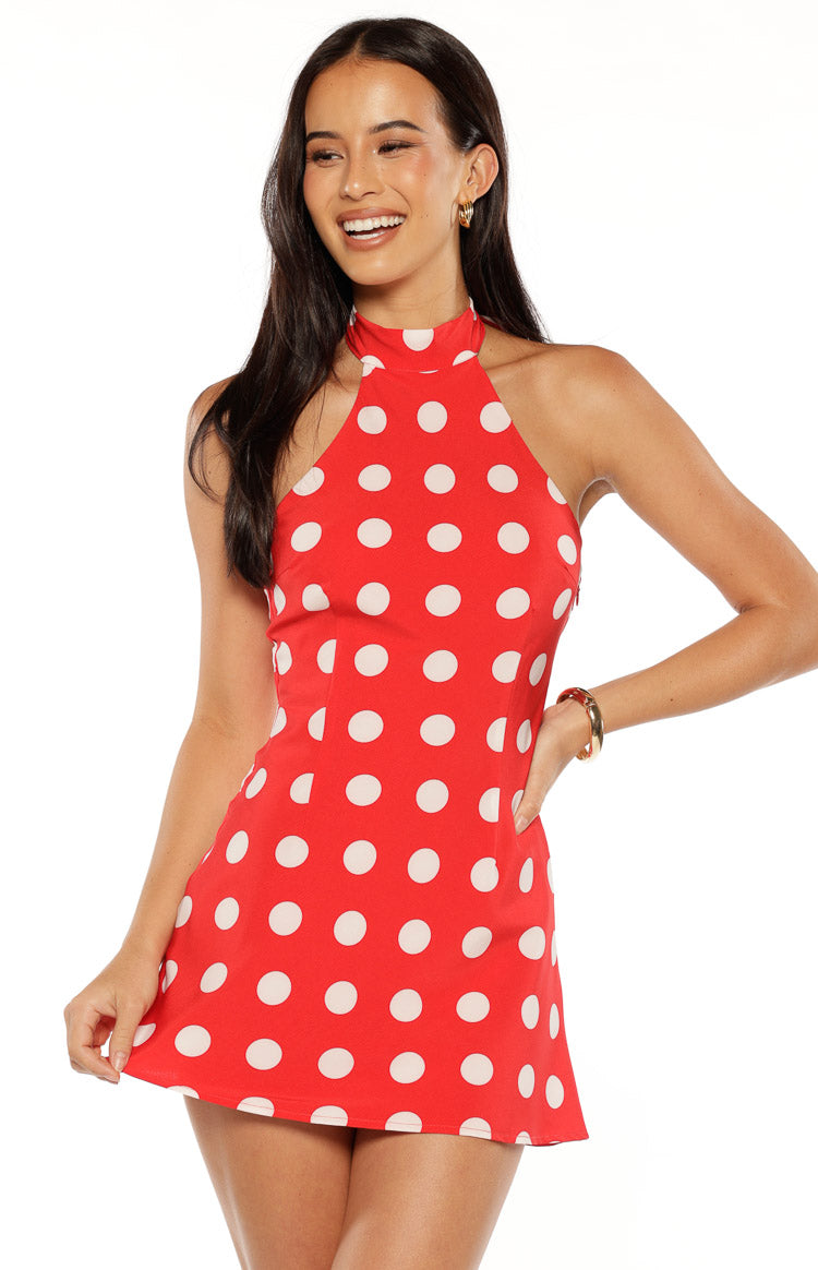 Maia Red Spot Halter Neck Mini Dress — 1