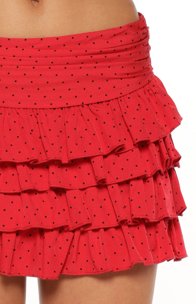 Beau Red Chiffon Polka Dot Mini Skirt — 8