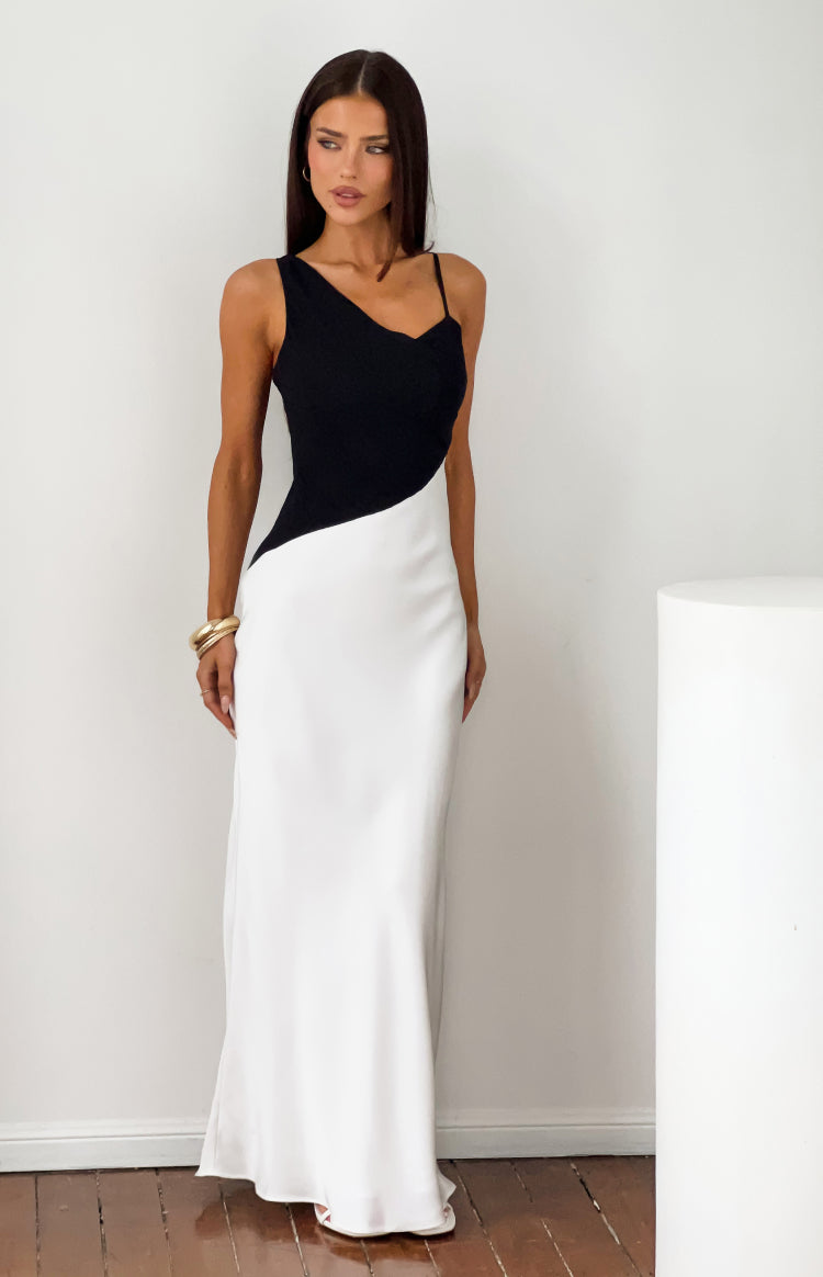 Elise Black Satin Cowl Front Formal Maxi Dress — 1