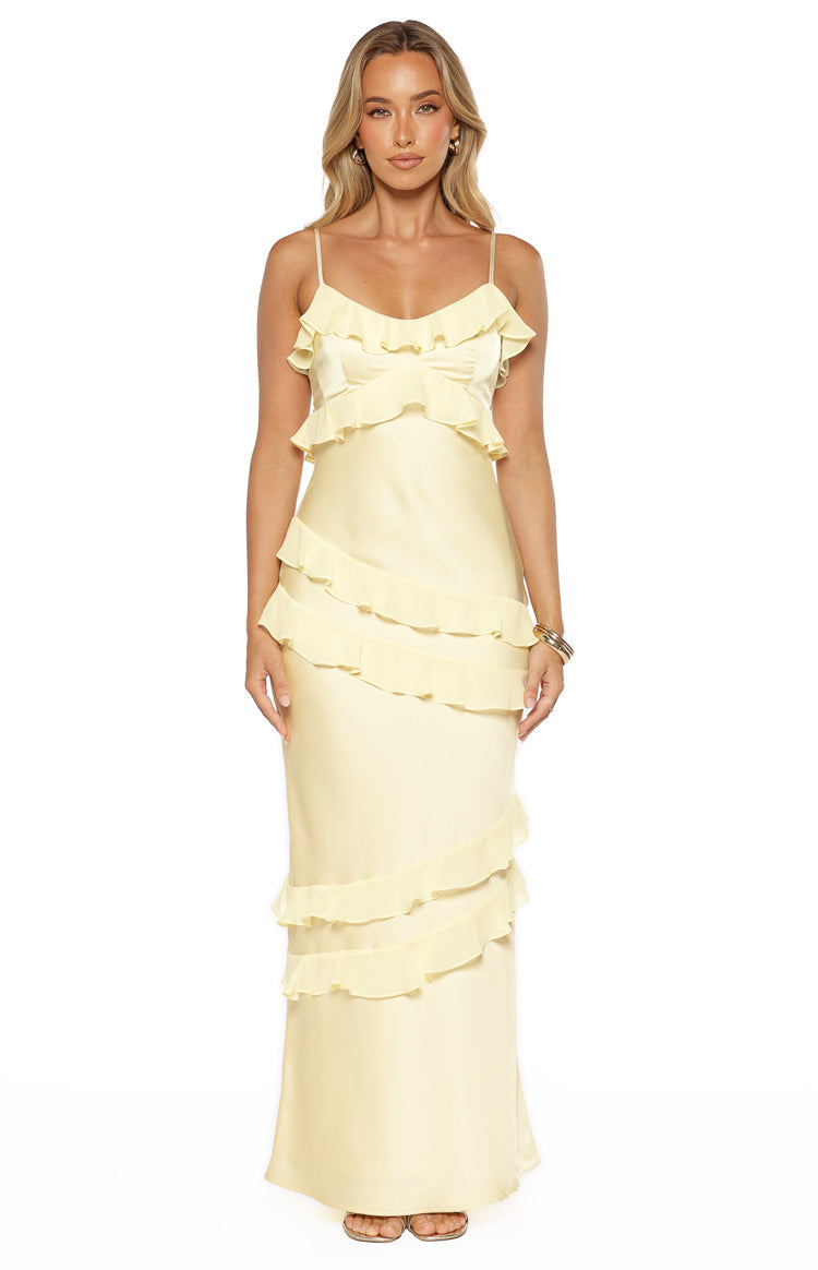 Audra Yellow Ruffle Satin Maxi Dress — 8