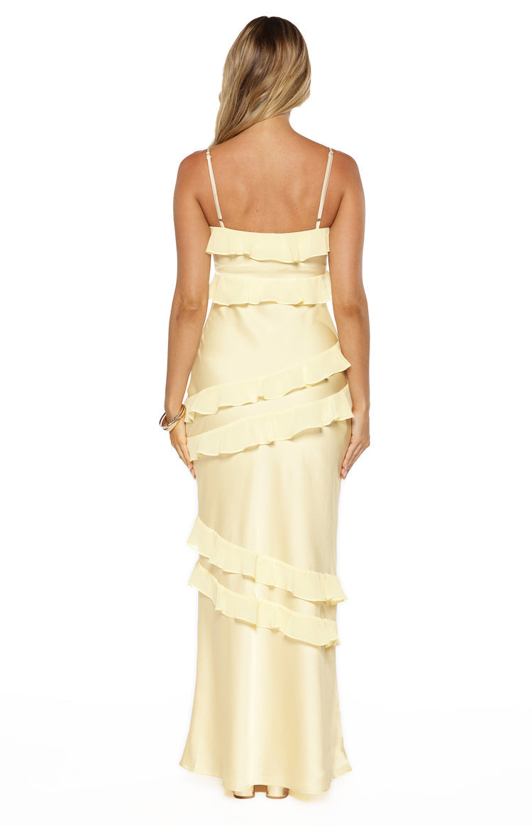 Audra Yellow Ruffle Satin Maxi Dress — 10