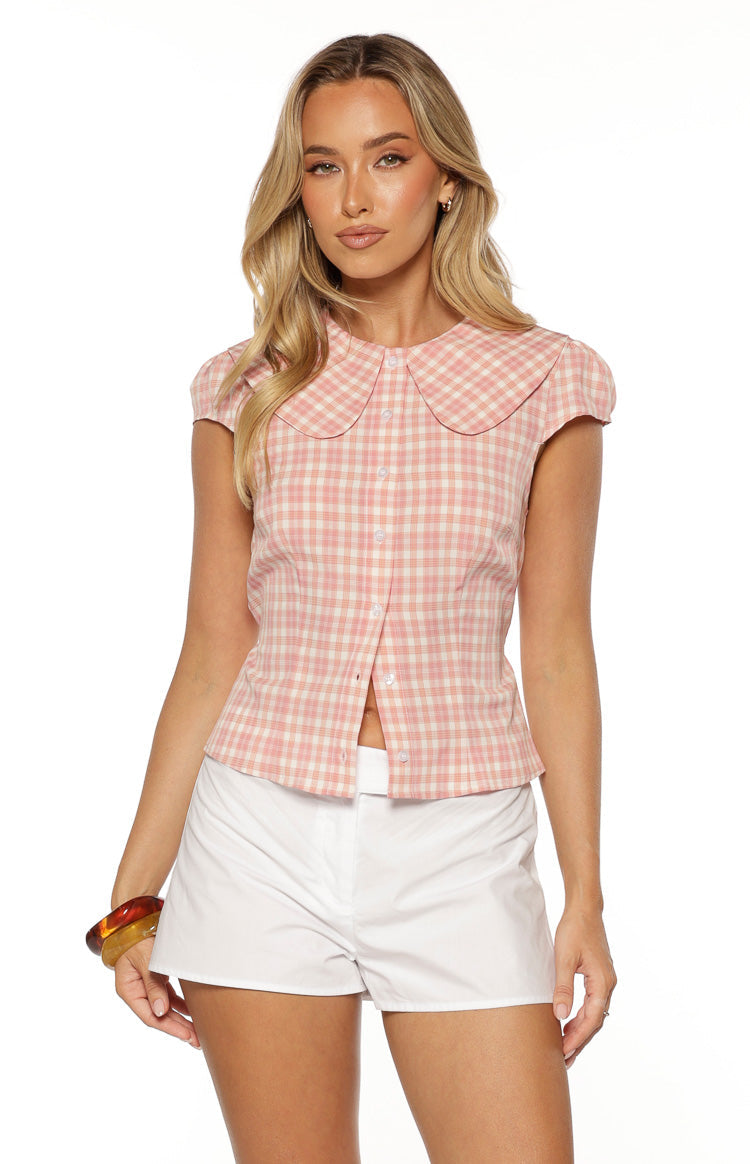 Rumi Pink Plaid Peter Pan Collar Top — 1