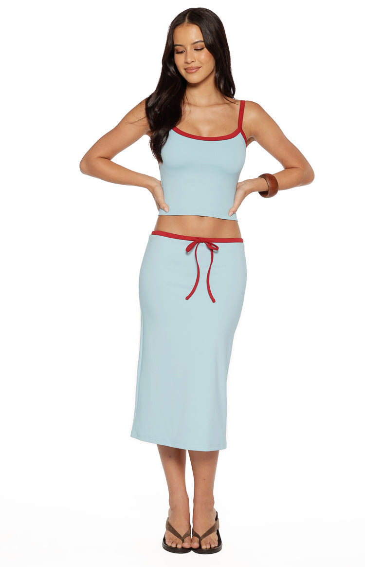 Myles Blue Tie Waist Jersey Midi Skirt — 5