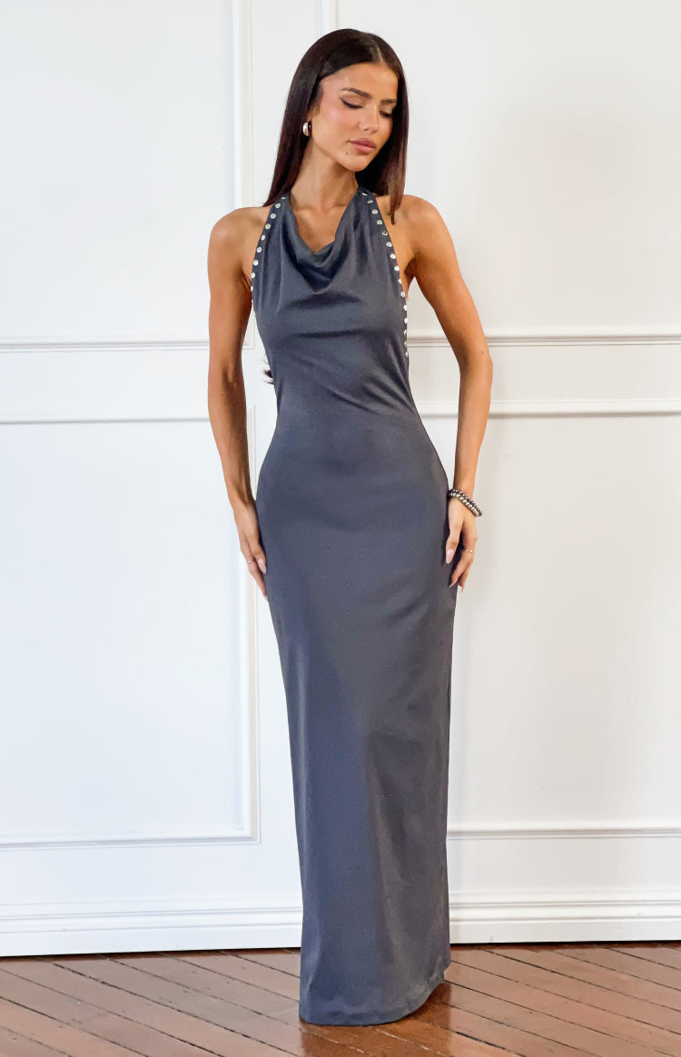 Tsuki Grey Stud Detail Cowl Neck Maxi Dress — 1