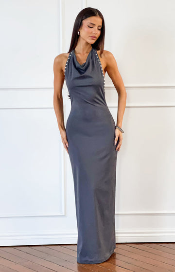 Tsuki Grey Stud Detail Cowl Neck Maxi Dress — 1