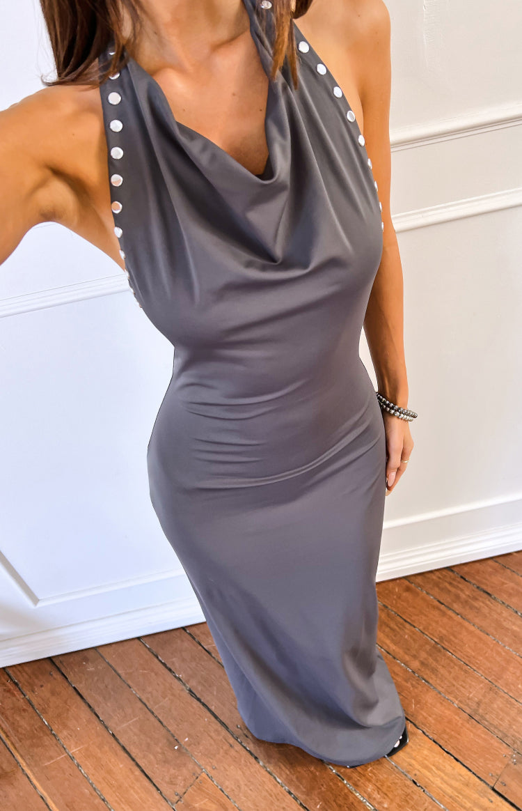 Tsuki Grey Stud Detail Cowl Neck Maxi Dress — 3