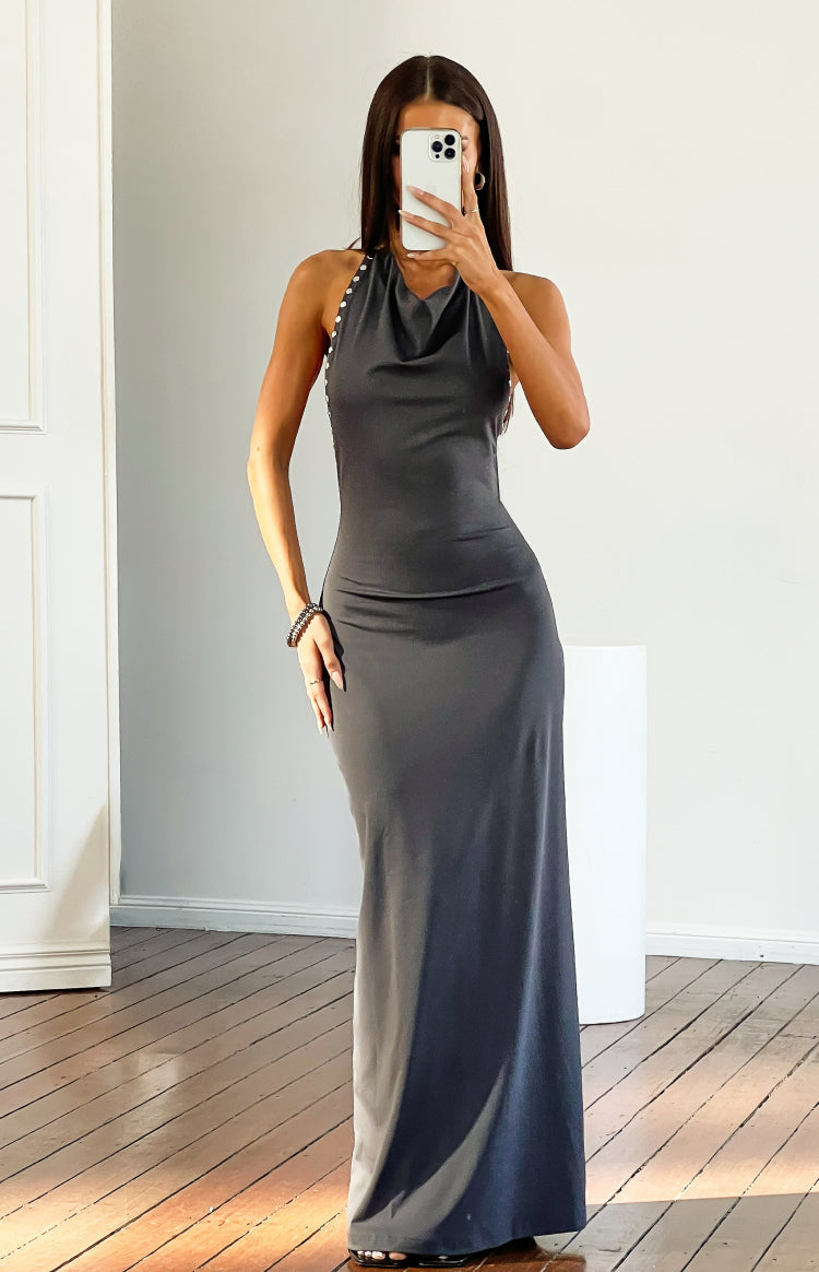 Tsuki Grey Stud Detail Cowl Neck Maxi Dress — 5