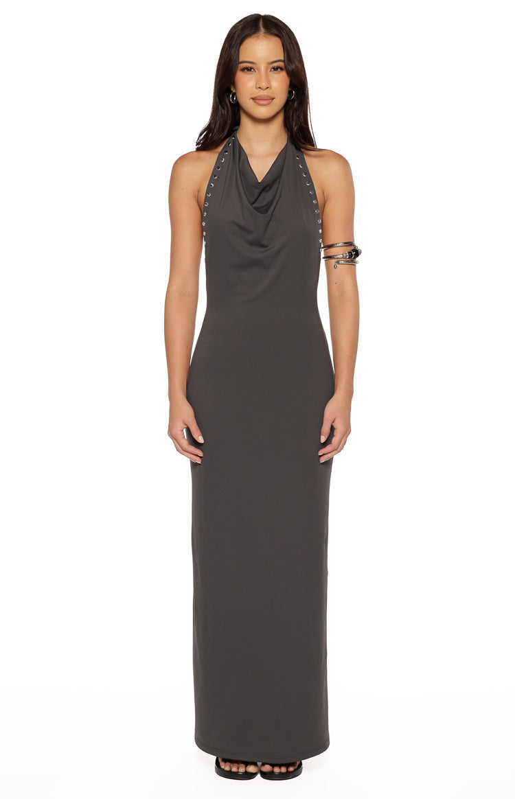 Tsuki Grey Stud Detail Cowl Neck Maxi Dress — 6
