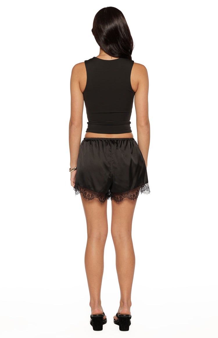Agnes Black Lace Trim Satin Shorts — 10