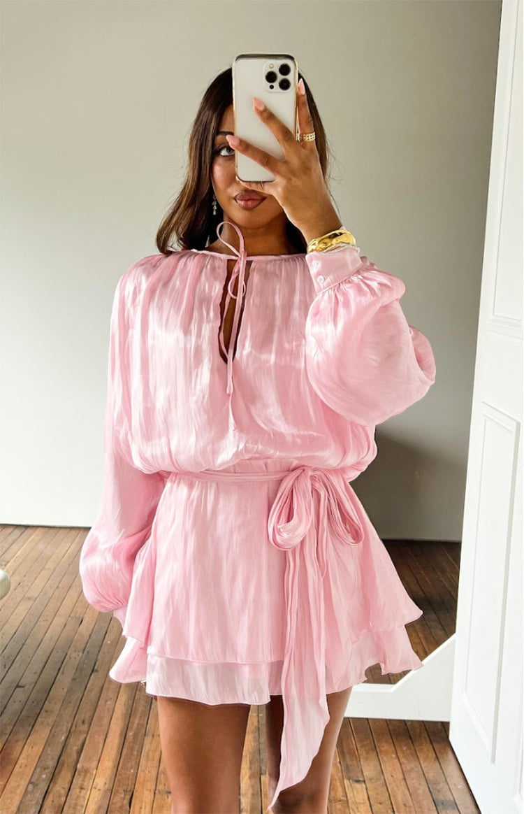 Quinton Pink Satin Long Sleeve Tie Mini Dress — 1