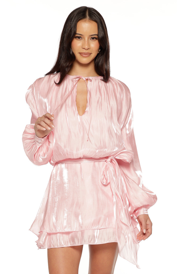 Quinton Pink Satin Long Sleeve Tie Mini Dress — 2
