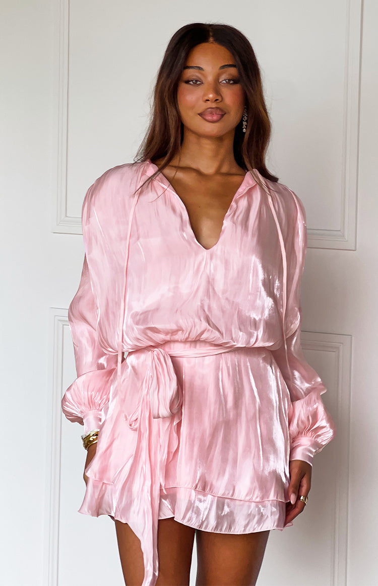 Quinton Pink Satin Long Sleeve Tie Mini Dress — 5